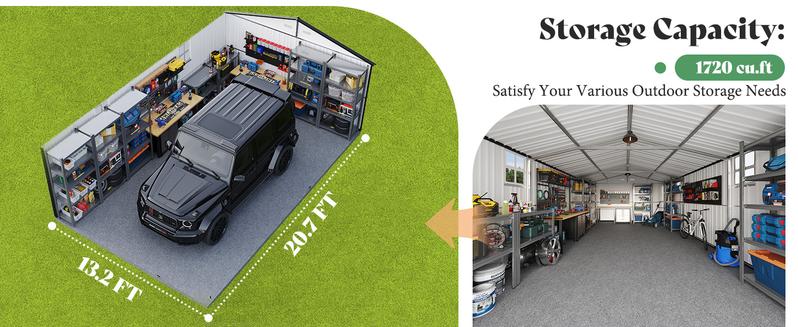 VanAcc 13.2x21x8 FT Outdoor Storage Shed, Huge Metal Garage Shed with 2 Double Hinged Doors and 4 Windows, Carport for Car, Truck, Bike, Garbage Can and Lawnmower, Dark Grey