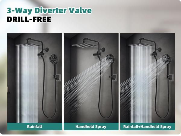 Rain Shower Head with Handheld Head High Pressure 10" Rainfall Showerhead + 7-Spray Handheld Showerhead Combo, 11" Shower Extension Arm, 71" Hose, 3 Settings Diverter, Matteblack