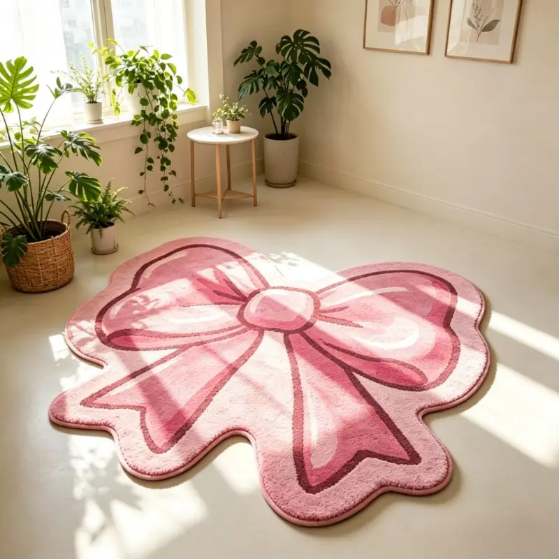 Pink bow special-shaped bathroom floor mat cute design living room decoration plush carpet home washable bedroom bedside carpet light luxury high-end cloakroom dressing table non-slip carpet ins style entrance carpet Fluffy Area Rugs