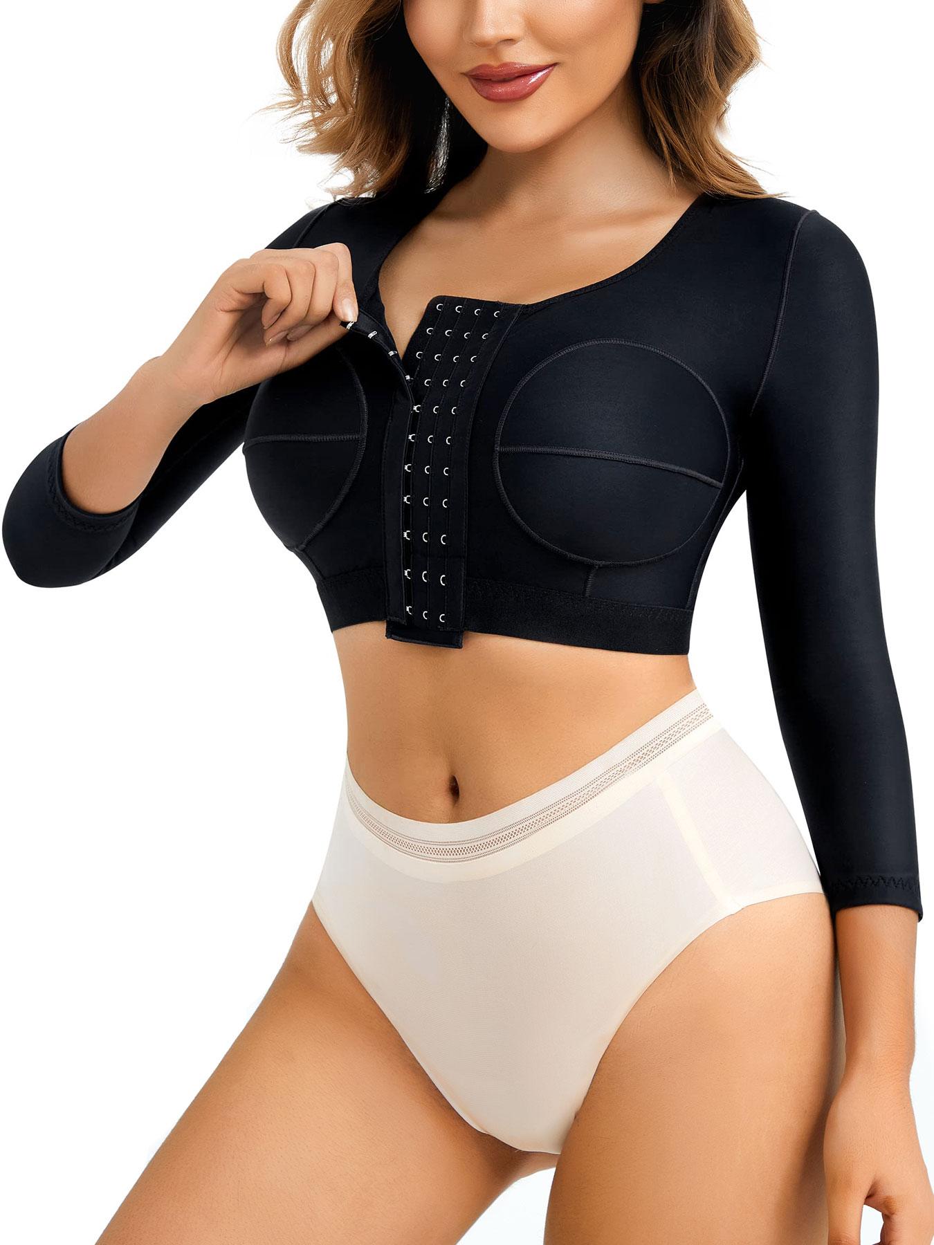 Women's High Elasticity Compression Bodysuit, Shapewear, 3/4 Sleeves Arm Tightening, Cup Design Chest Shaping, Four Button Adjustable Fit