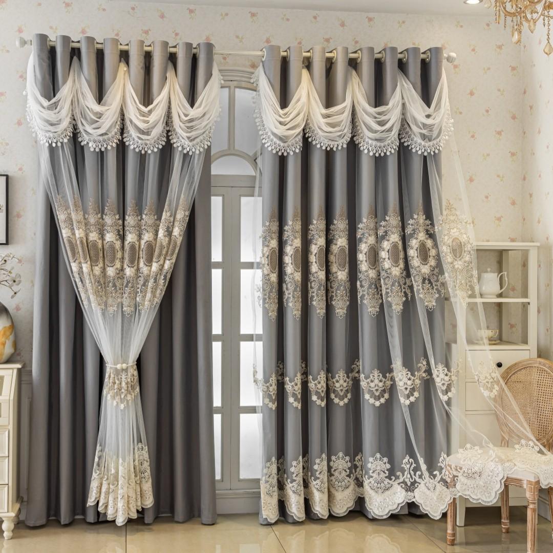 1pc European Luxury Gold Embroidered Double Layer Drapes, Sunscreen Insulation, High-End Living Room Master Bedroom Floor-To-Ceiling Curtains