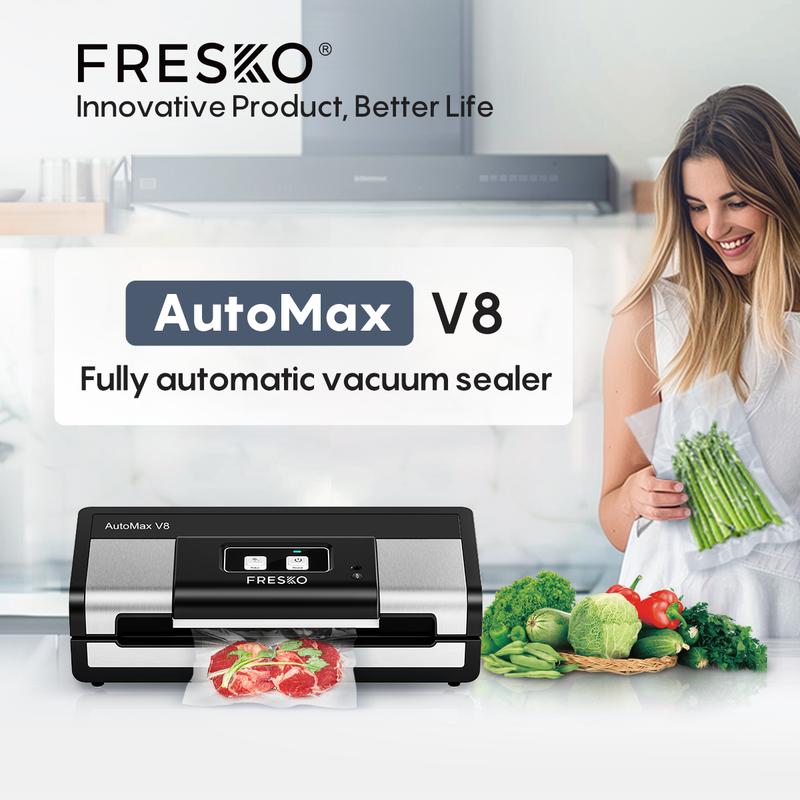 FRESKO AutoMax V8 Heavy Duty Vacuum Sealer Machine, Automatic Food Saver with Dry & Moist Modes, Built-in Cutter & Bag Storage, Includes Bags & Rolls