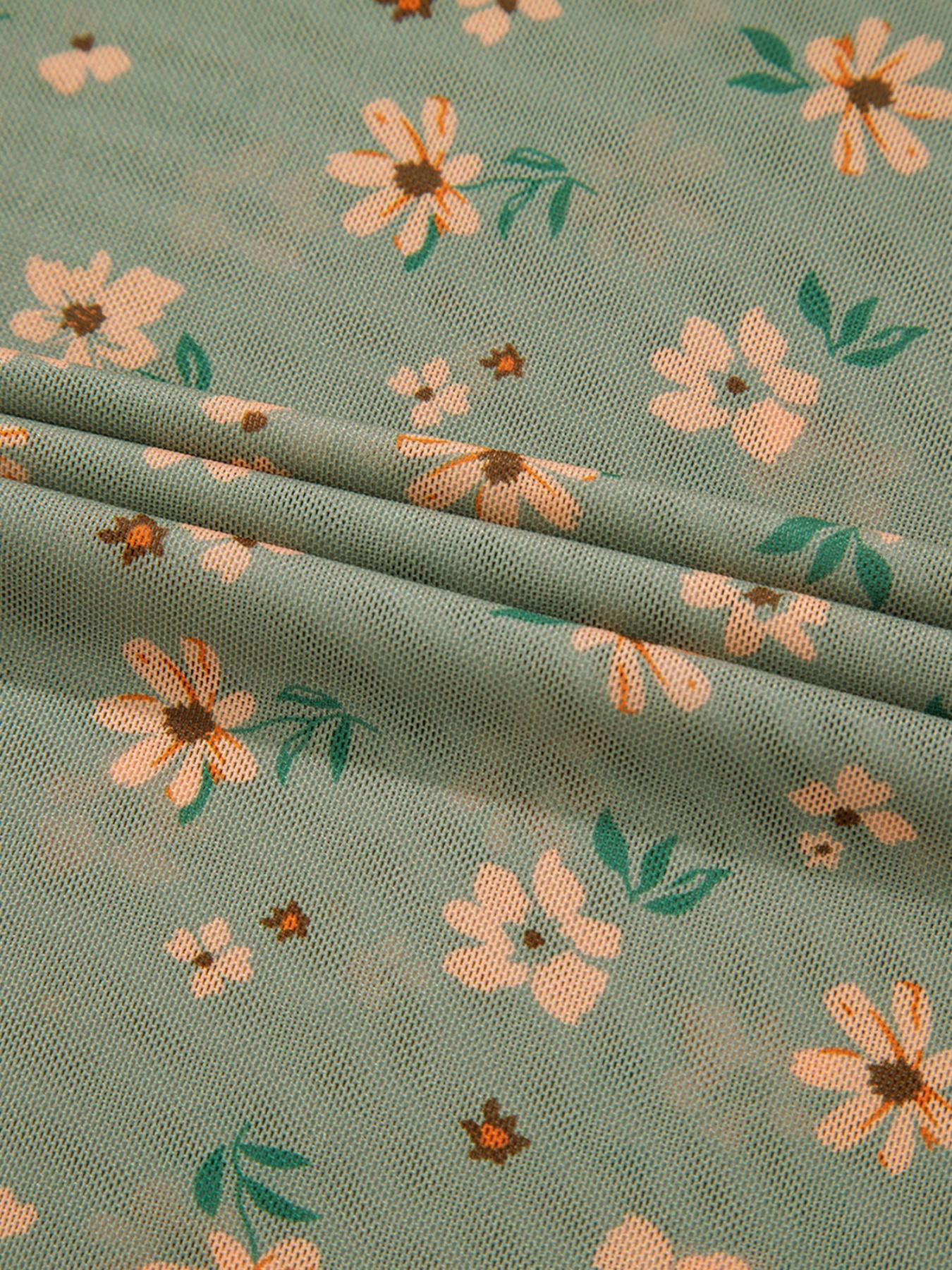 Vintage Floral Print Southern Style Mesh Long Sleeve Top, Women's Casual Fashion, Spring & Fall Wear, Comfortable and Stylish