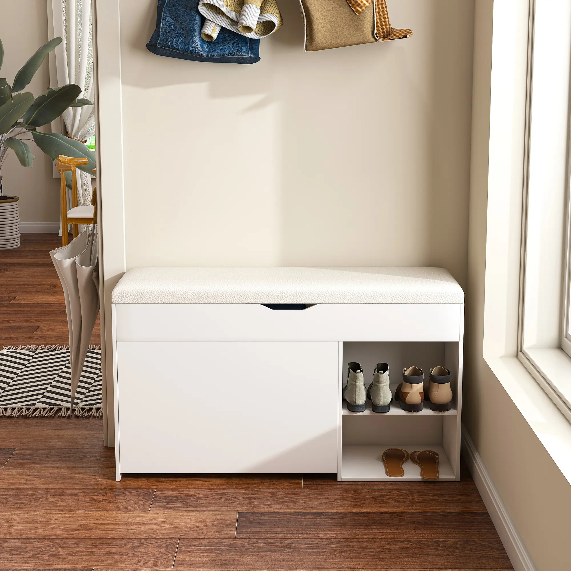 Nokaa Entryway Bench with Shoe Storage, Adjustable 3-Tier Flip-Up Drawers & Hidden Cabinet, Space-Saving Shoe Organizer, MDF White, Modern Design for Hallway Living Room, 39.4x11.8x20.5 in, White