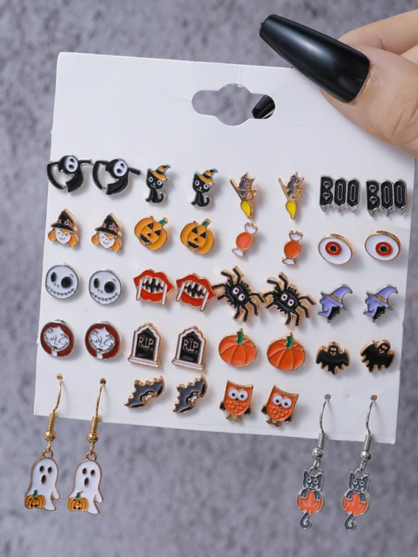 Halloween Spider Eye Earrings Set, 20 Pairs Cartoon Fun Ear Studs, Pumpkin Ghost Design, Perfect for Party Gifts & Pranks