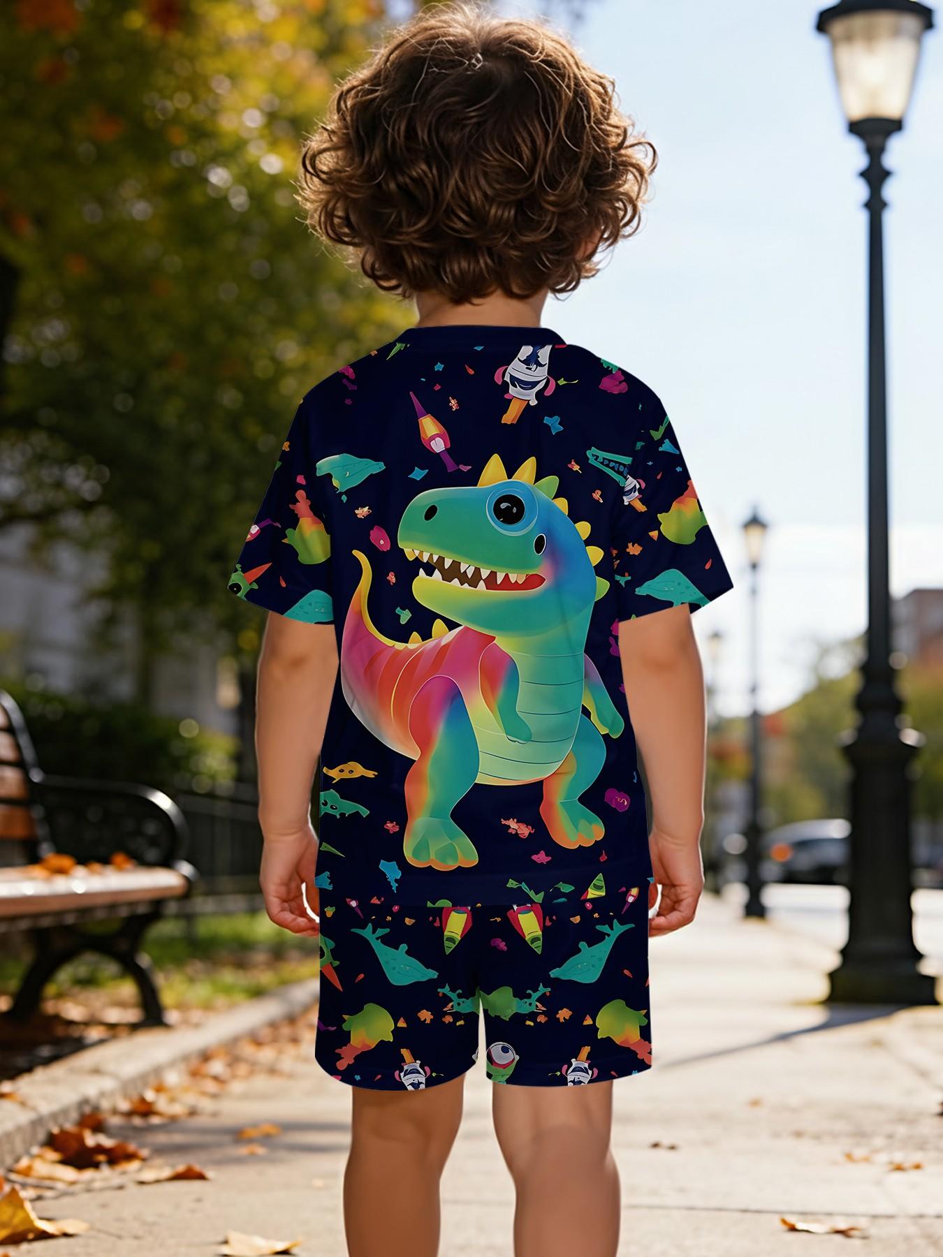 Colorful Rainbow Dinosaur Kids Short Sleeve Set, Boy's Summer Pajamas, Cartoon Print, Casual Wear, 100% Polyester, Perfect Gift for Babies