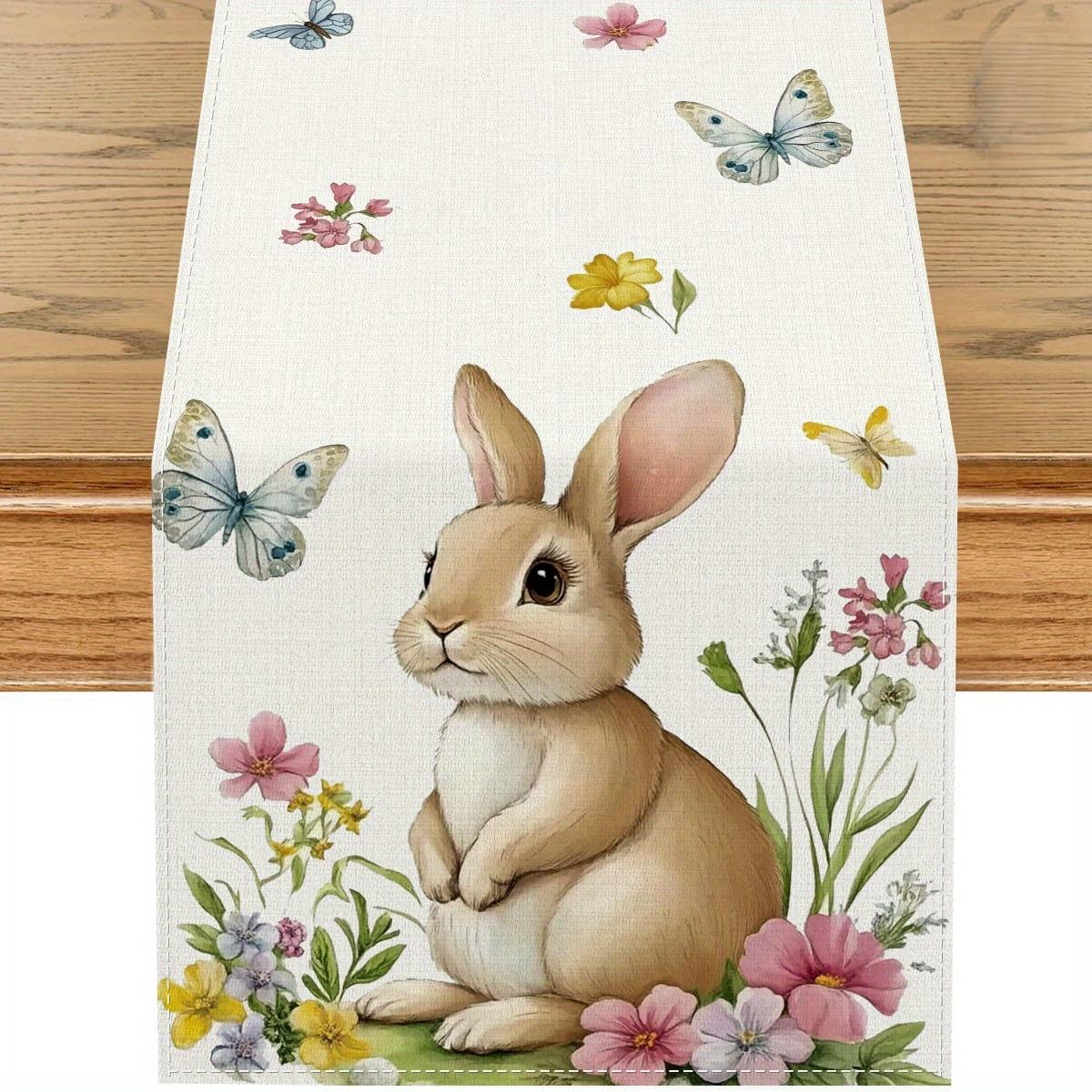 1Pcs Easter Table Runner, Cute Rabbit Pattern, Festive Dining Settings, Spring New Home Decor, Durable Polyester Material, Suitable for Dining Room Kitchen TV Cabinet