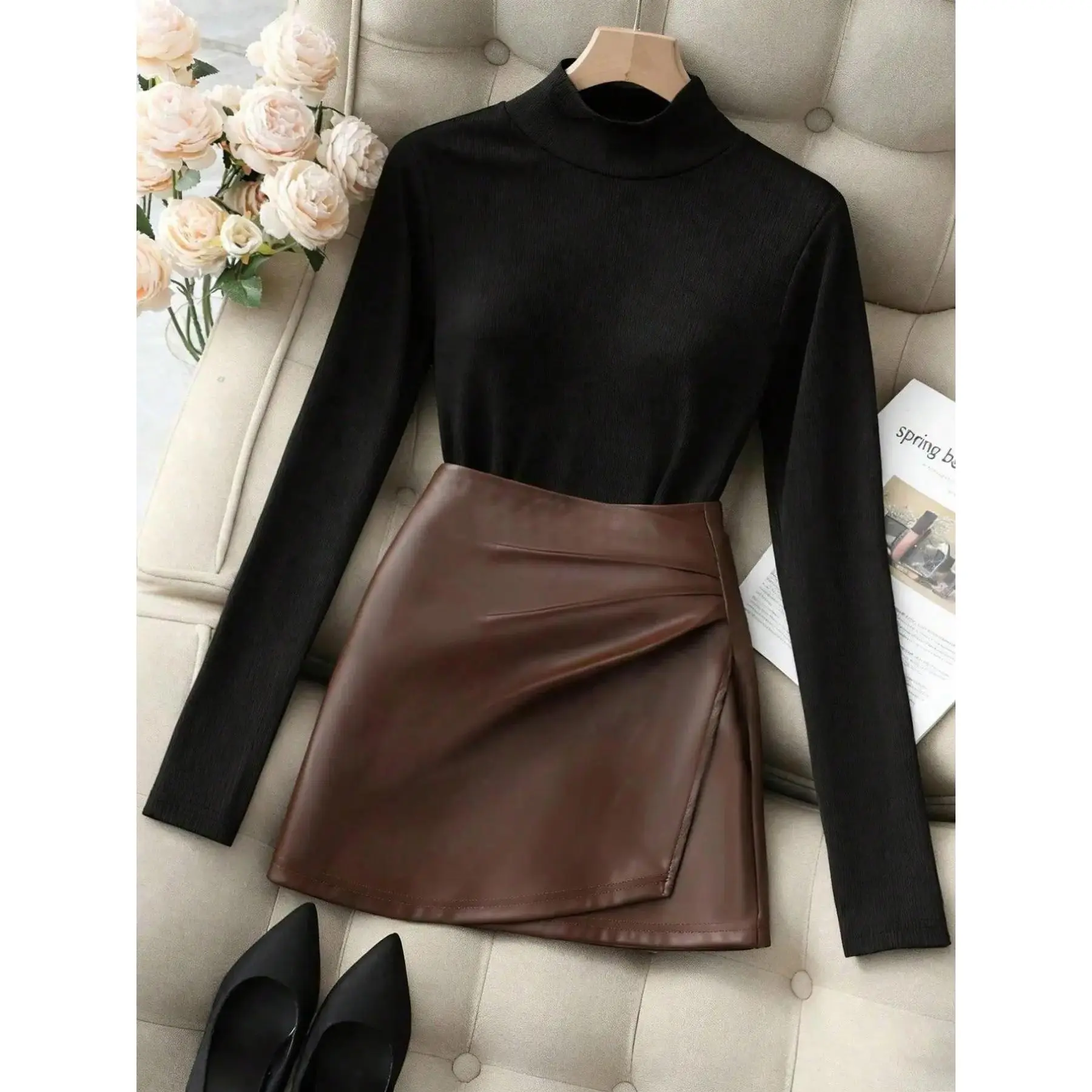 Women's Elegant Chic Knit Turtleneck Commuter Top and Skirt Set Outfit for Fall & Winter, Two-Piece Office Wear, Womenswear, Clothes