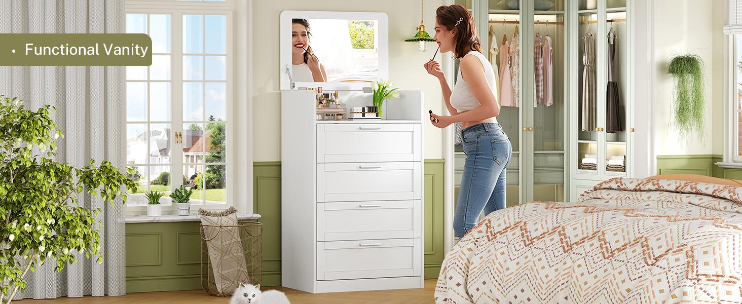 Dresser for Bedroom, Tall White Dresser with 4 Drawers, Dressers with Mirror, Chest of Drawers for Bedroom, Living Room, Closet, Hallway, White