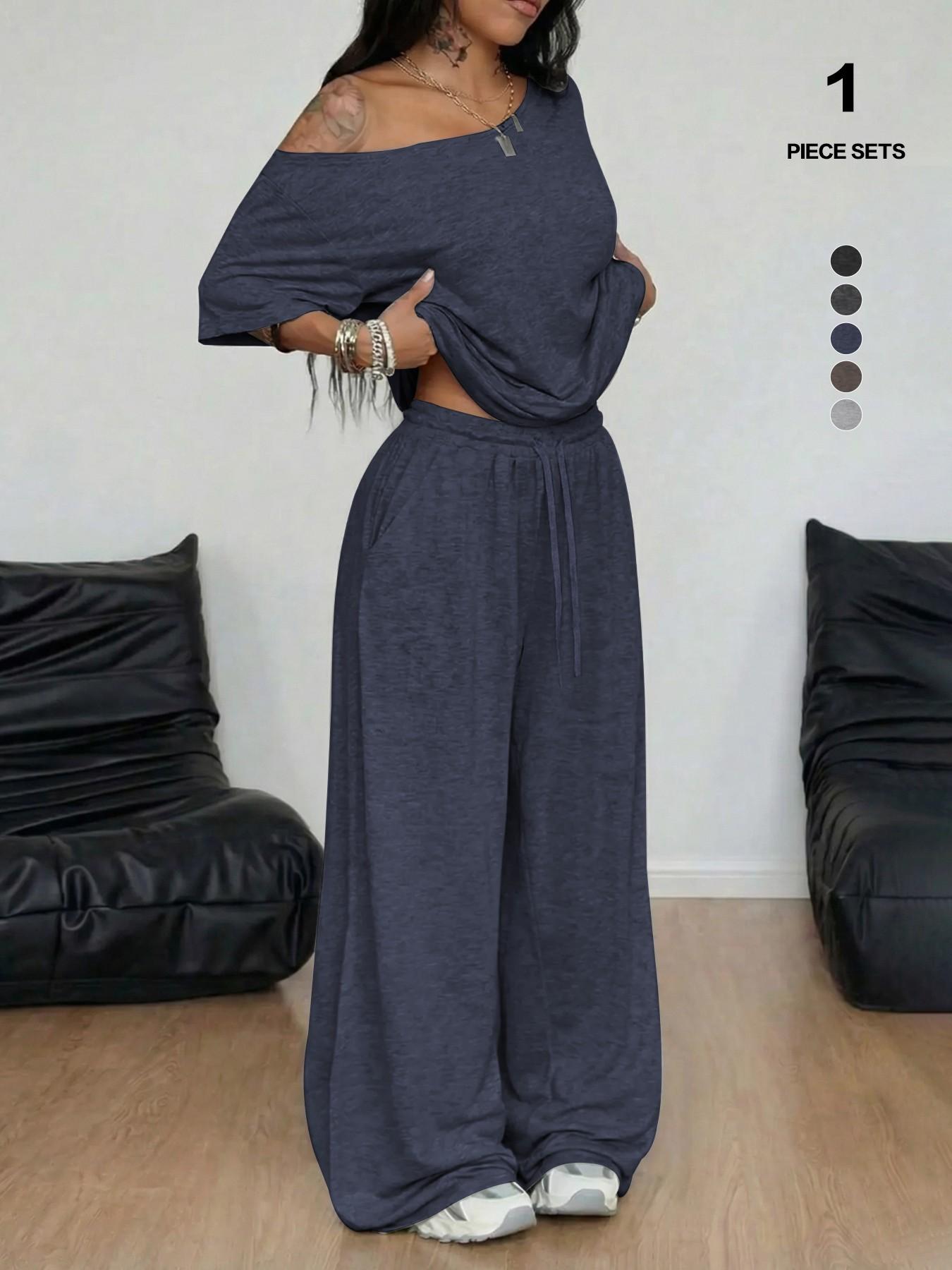 Women's 2-Piece Lounge Set, Off-Shoulder Oversized Top & Wide-Leg Pants, Soft Comfortable Drawstring Loungewear for All Seasons