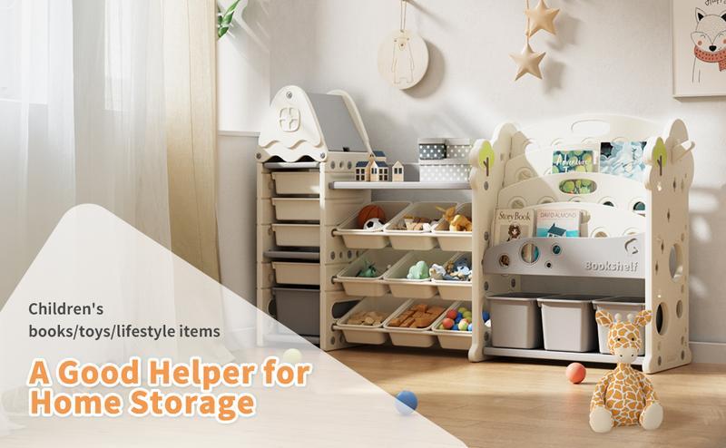 Linor Kids Toy Storage Organizer with 17 Removable Bins&4-Tier Bookshelf, Castle-Shaped Organizer for Playroom, Bedroom, Nursery, Living Room Bookcase