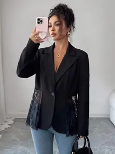 Women's Elegant Statement Lace Patchwork Sheer Slim Fit Long Sleeve Blazer Jacket, Womenswear, Perfect for Office, Dates and Parties