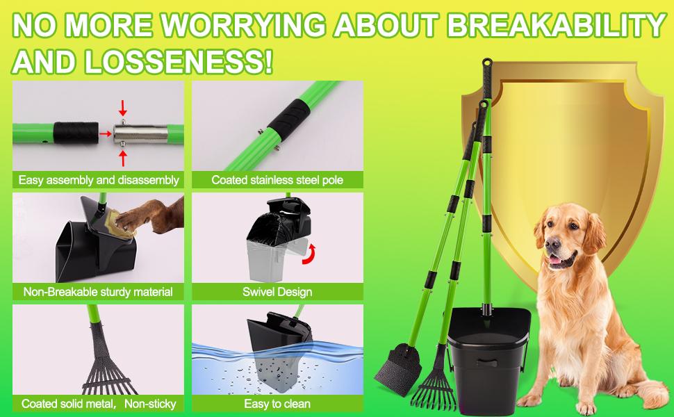 38" Adjustable Metal Dog Poop Scooper Swivel Bin Rake Spade with 50 Poop Bags, Waste Cleaner for Small, Medium, and Large Dogs Yard