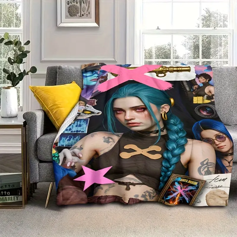 Cyber-Anime League of Legends Jinx Portrait Full Print Blanket - Soft, Lightweight, Fading-Proof Multi-Size Nap & Decor Blanket for Bedroom, Dorm with Vivid Colors