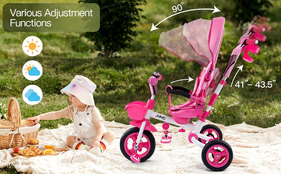 JMMD Baby Trike, 6-in-1 Kids Tricycle with Adjustable Push Handle, Removable Canopy, Safety Harness for 18 Months - 5 Year Old, Gray