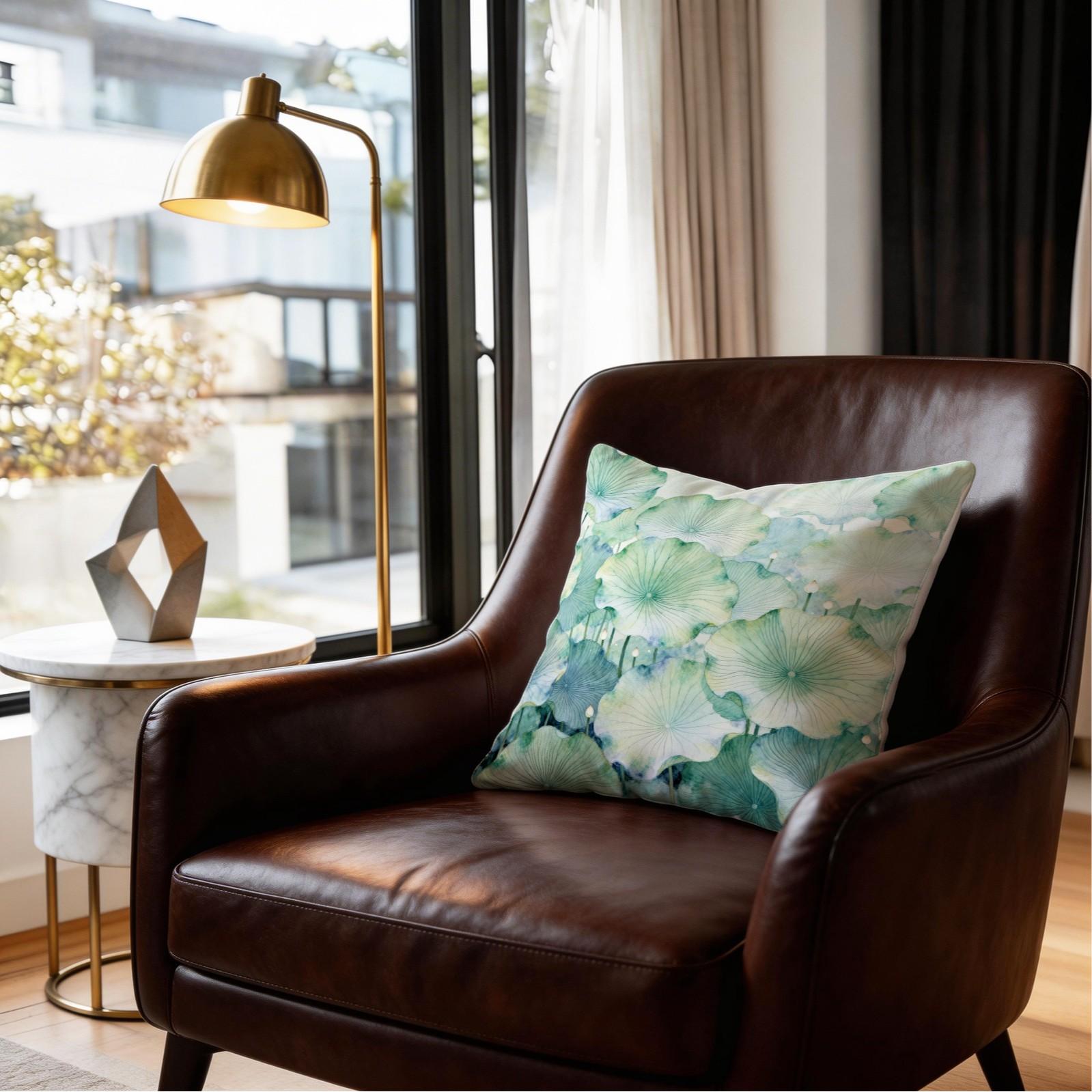 1 Piece Watercolor Lotus Leaf Throw Pillow, Green Lotus HD Digital Print Decorative Accent Pillow, Soft Cushion with Invisible Zipper for Couch Bed Sofa, 18x18 Inch (No Insert)