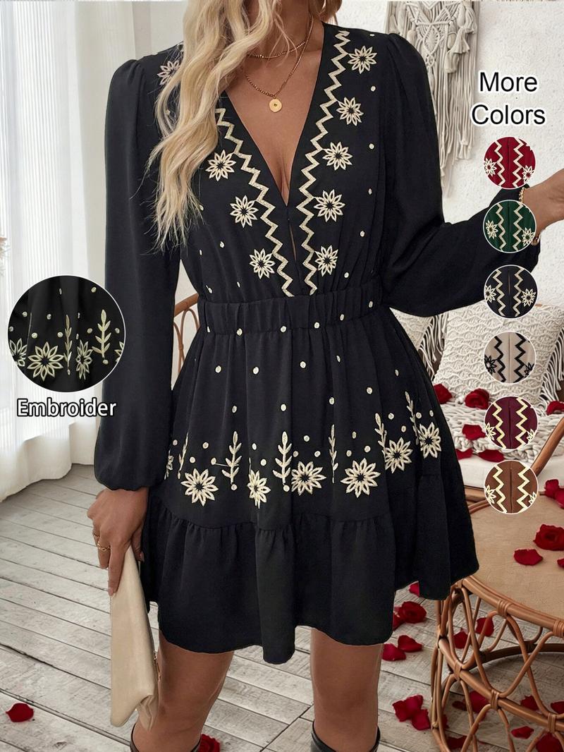 Women's Embroidered Deep V Neck Long Sleeve Dress, Full Floral Craftsmanship, Perfect Choice for Spring Summer Fall