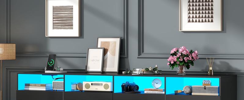 12 Drawer White Dresser with Charging Station & Led Lights for Bedroom, ,Large Dressers Organizer with 4 Open Cubbies Modern Accent Cabinet