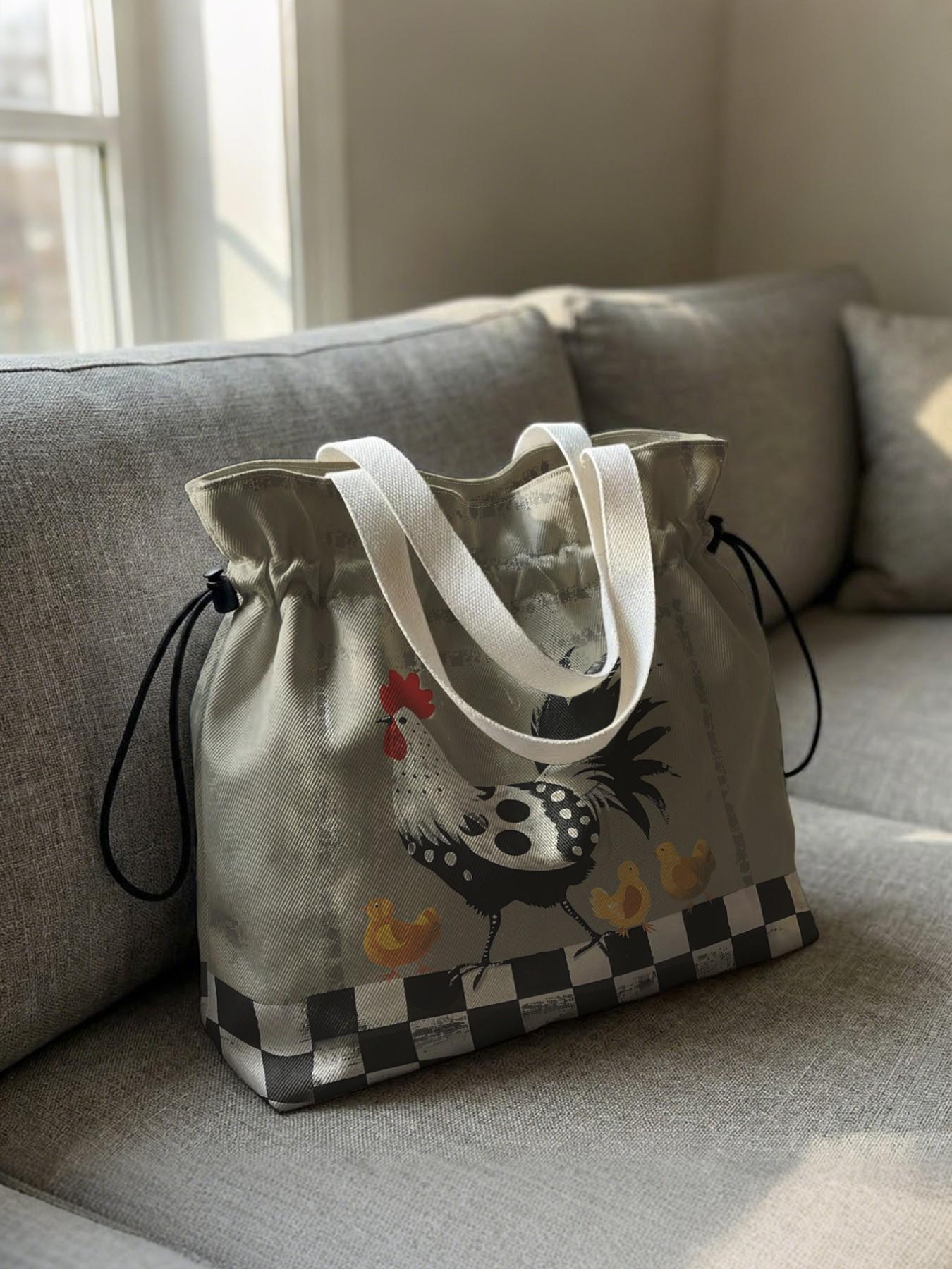 Rooster Pattern 2D Printed Drawstring Stylish Tote Bag, Large Capacity Shopping Bag, Durable and Wear-Resistant, Ideal for Work, Shopping, Picnic