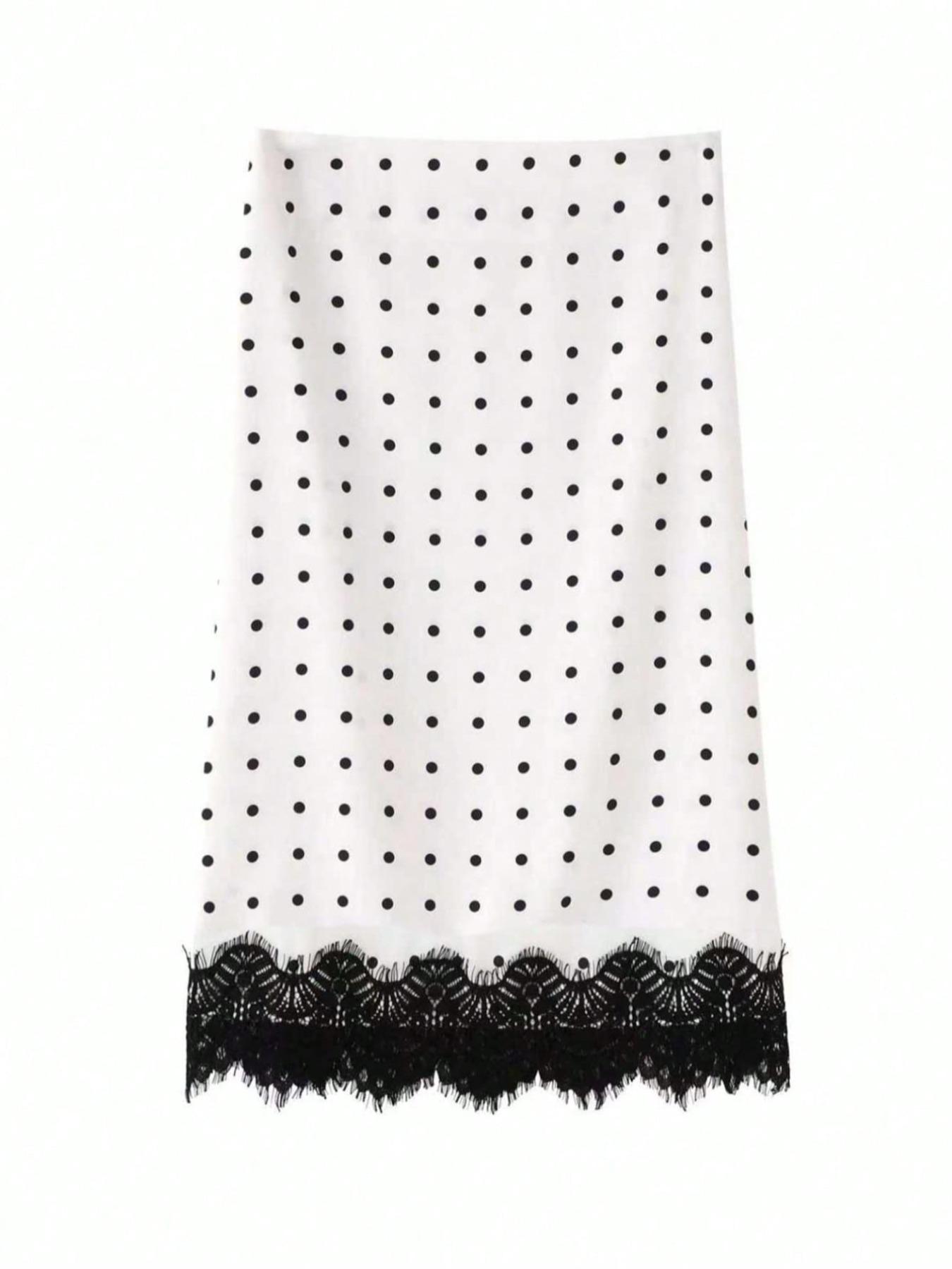 Women's Polka Dot Patchwork Colorblock Elegant Fitted Party Fabric Lace Trim Skirt, Vacation Beach Autumn Winter Fashion