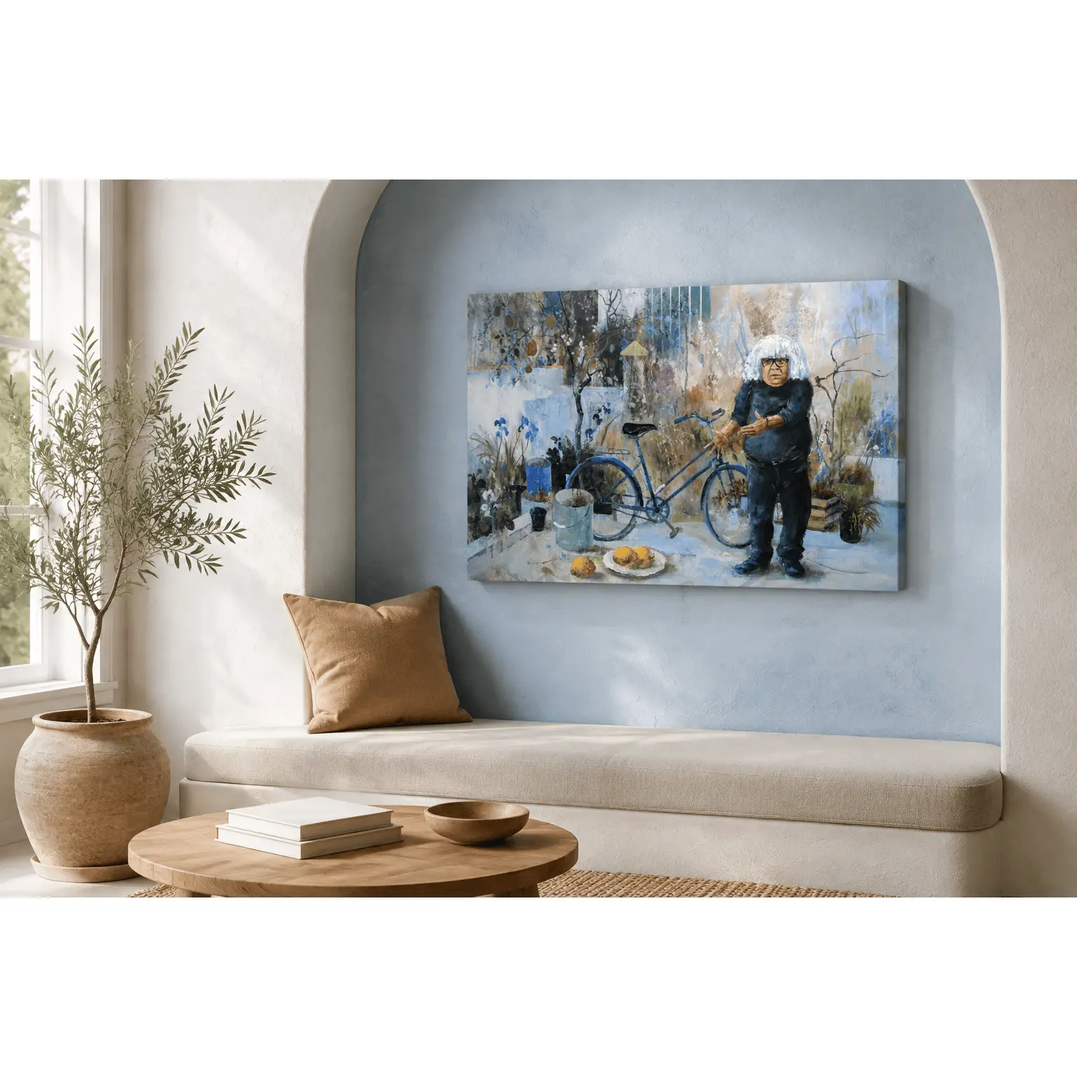Quirky Sitcom Inspired Canvas Poster, White Hair Character with Blue Bicycle, Painterly Portrait Wall Decor for Living Room Home Office Media Room, Funny Character Art Gift