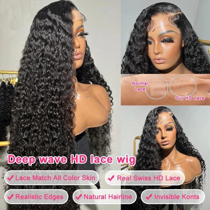 34Inch 200% Density Deep Wave Lace Front Wigs Human Hair 13x4 HD Lace Front Wigs Blended Hair Jerry Curly Glueless Lace Wigs Pre Plcked 13x6 Deep Part Curly Lace Frontal Wig For Women With Baby Hair Wet And Wavy Wig Natural Black Color