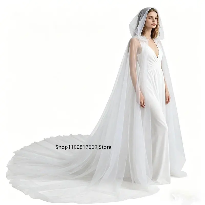 Halloween Costume for Women Hooded Tulle Cape Single Layer Wedding Bridals Floor Length Soft Mesh Medieval Cloaks