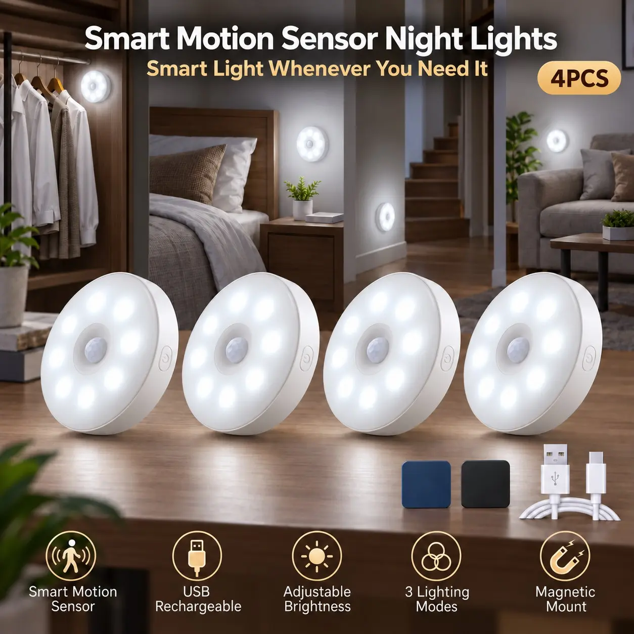 4 Pack 8LEDs Smart Motion Sensor Night Lights Indoor, With Magnetic Strips & Charging Cables, USB Rechargeable Indoor Lighting, 3 Lighting Modes & Adjustable Brightness, Dimmable Cabinet Lights, Auto Under-cabinet Lights for Wardrobe, Hallway