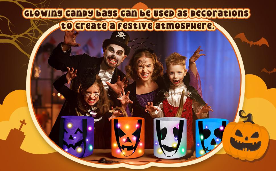 4 Pcs Halloween Candy Bucket with LED Lights Trick or Treat Bags Pumpkin Candy Bags Reusable Tote Bags for Students Adults,Night Light Bags for Home Garden Lawn Decorations,Halloween  inside decor Birthday Christmas Party Favor Supplies