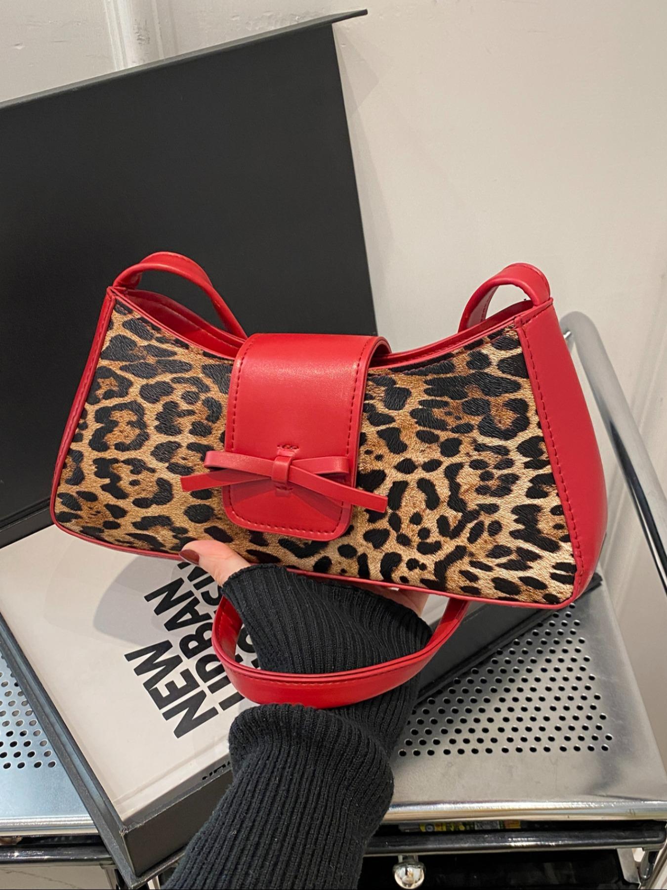 Leopard Print Fashion Trendy Bowknot Decorative Shoulder Bag, Stylish High-End Commuter Backpack, Unique Personality Design