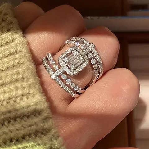 Women's Vintage Chunky Wide-Band Ring, Bold Hollow Geometric Design with Square Zirconia Sparkle, Anniversary Accent Statement Jewelry for Parties