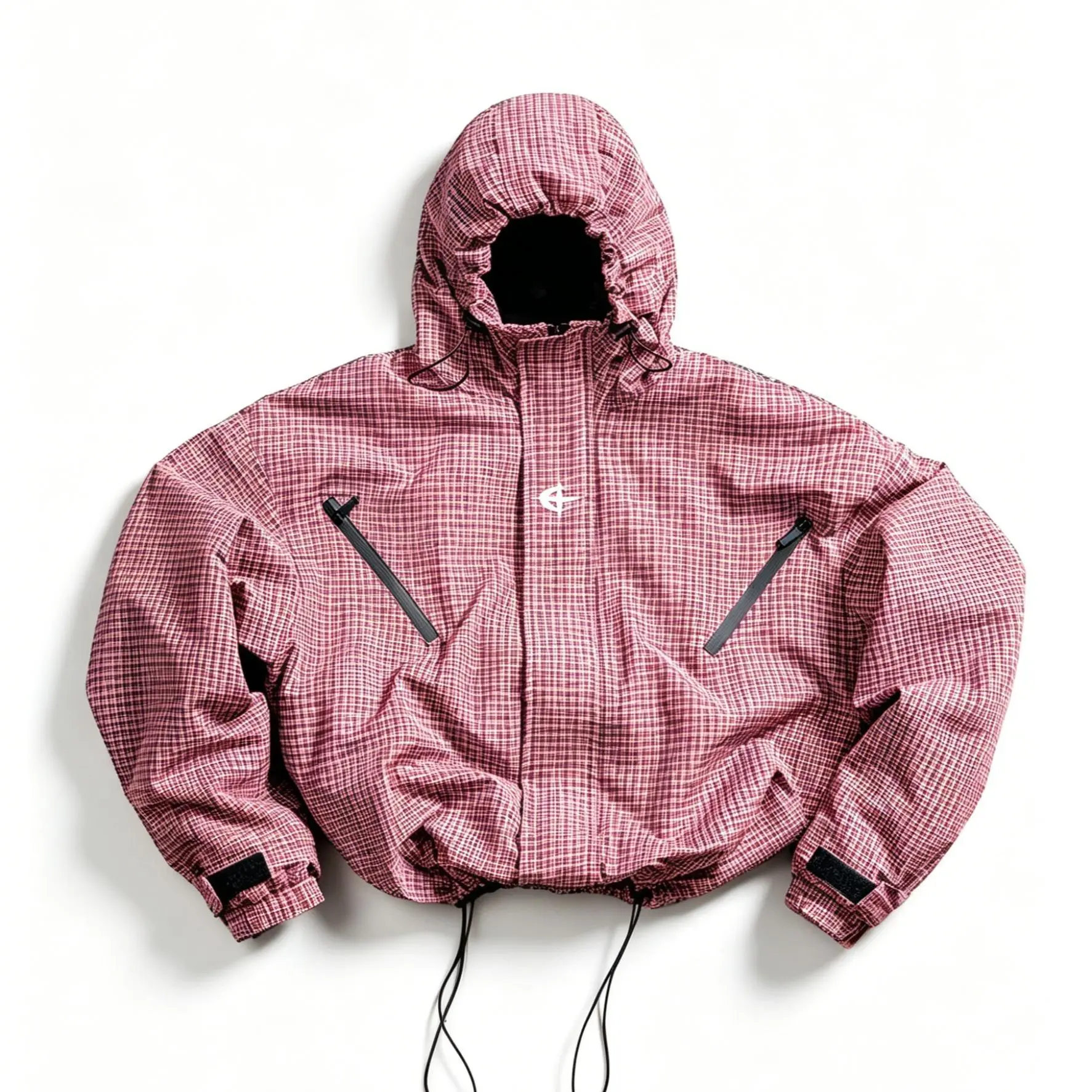 Men‘s Oversized Boxy Plaid Techwear Windbreaker, Adjustable Hood Drawstring Hem Utility Hooded Jacket, Streetwear Retro Grid Functional Outerwear Coats Menswear Tops