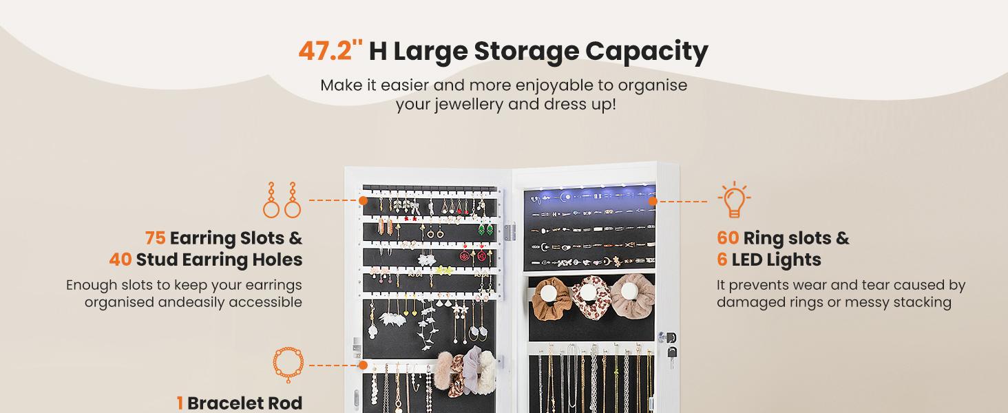 RIMIKING Jewelry Cabinet with Mirror, Dual Installation Options, Ample Storage, Convenience Features, Elegant Design,  Soft Velvet Lining, LED Lights, High Capacity Earring Storage, Dedicated Necklace Hooks, Ring Slots, Cosmetic Organizer