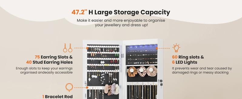 RIMIKING Jewelry Cabinet with Mirror, Dual Installation Options, Ample Storage, Convenience Features, Elegant Design,  Soft Velvet Lining, LED Lights, High Capacity Earring Storage, Dedicated Necklace Hooks, Ring Slots, Cosmetic Organizer