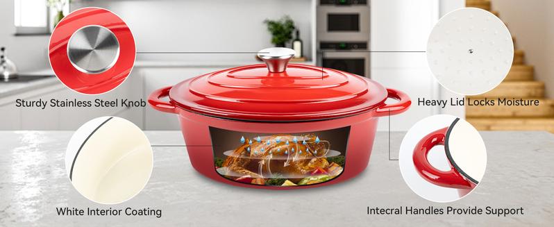 Kerilyn 4.5 QT Enameled Oval Dutch Oven Pot with Lid and Dual Handles, Cast Iron Dutch Oven for Cooking, Bread Baking, Non-stick Enamel Coated Cookware