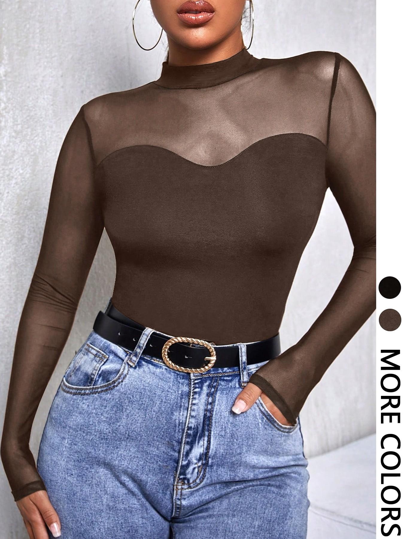 1 Piece See-Through Mock Neck Top - Women’s Sheer Mesh Long Sleeve Blouse | Y2K Trendy Slim Fit Feminine Shirt for Party & Daily Layering