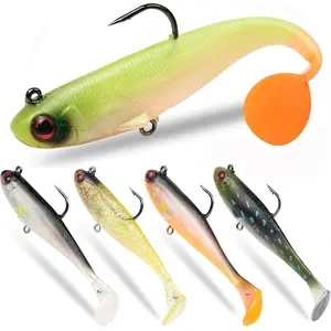 5 Pcs Pre-Rigged Soft Fishing Lures, 3.5In Paddle Tail Jig Heads Swim Bait, Realistic Movement Easy Catch Fishing jigs Lure, Fishing Baits for Freshwater Saltwater Bass Trout Baits