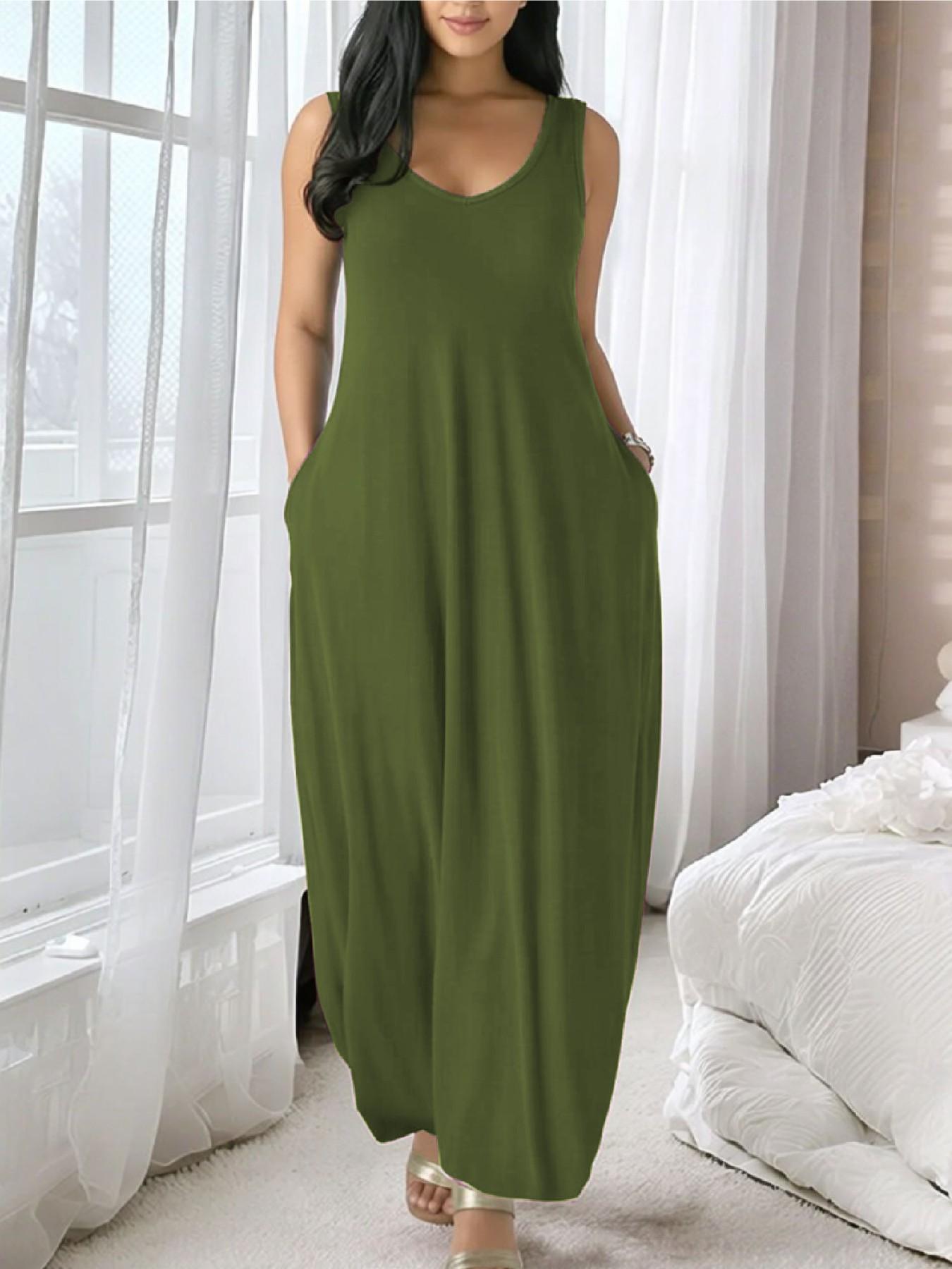 Summer Casual Sleeveless Backless Long Dress with Pockets, Loose Fit Comfortable Slimming Home Wear, Versatile Everyday Summer Casual Sleeveless Backless Long Dress with Pockets, Loose Fit Comfortable Slimming Home Wear, Versatile Everyday