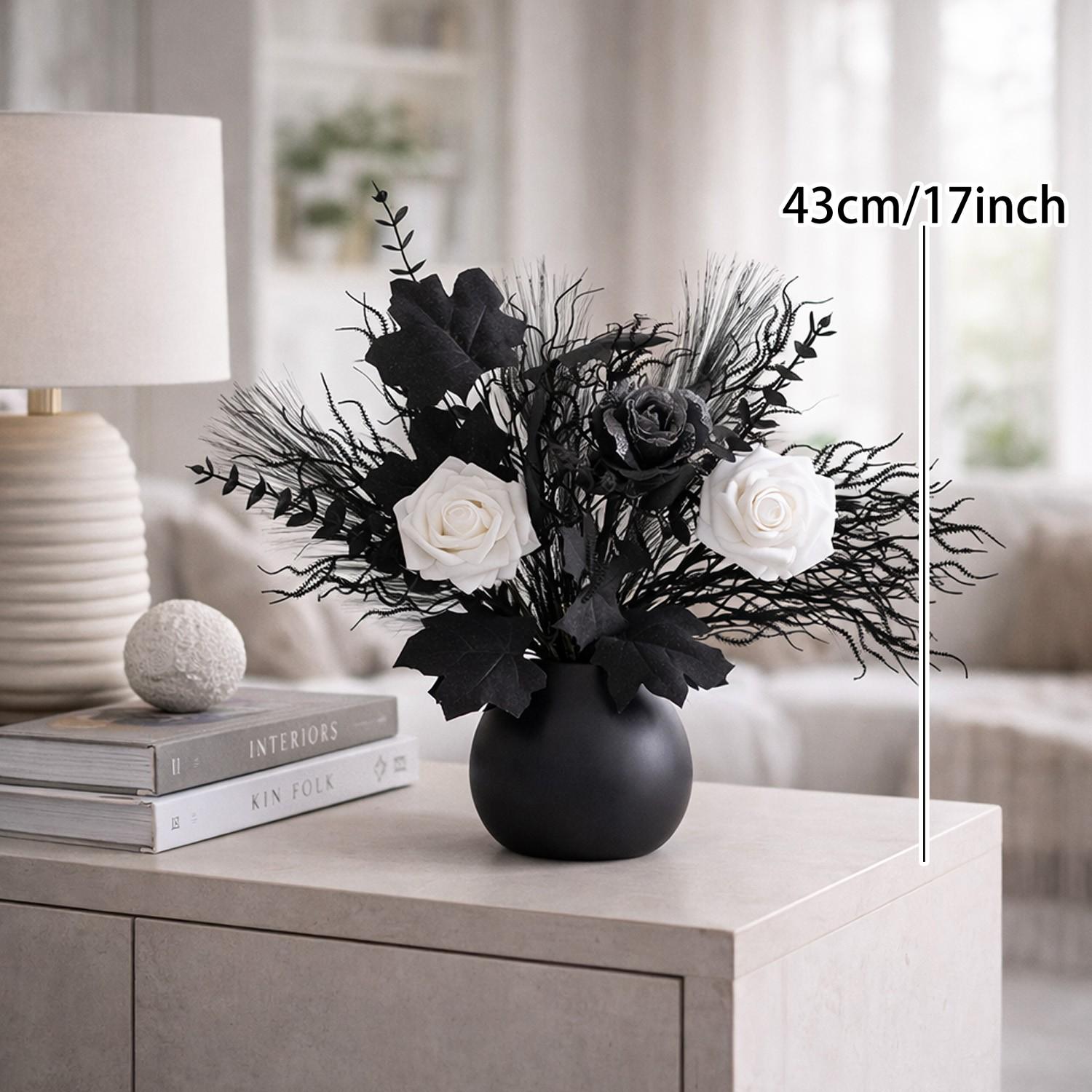 Artificial Flower Bouquet, Realistic Roses, Decorative Leaves, Feathery Stems, Monochrome Design, Modern Home Décor, No Maintenance