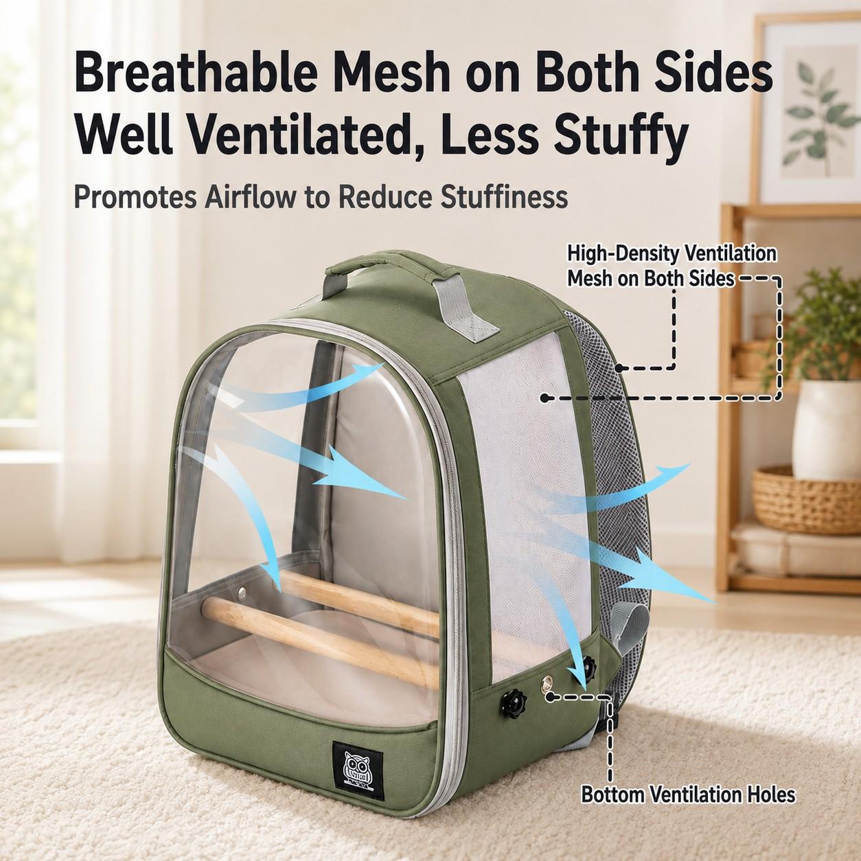 Parrot Bird Backpack, Portable Bird Travel Bag, Transparent Window, Breathable Mesh, 2 Perch Sticks, Dual Food Cups, Detachable Tray, Adjustable Straps, Enclosure