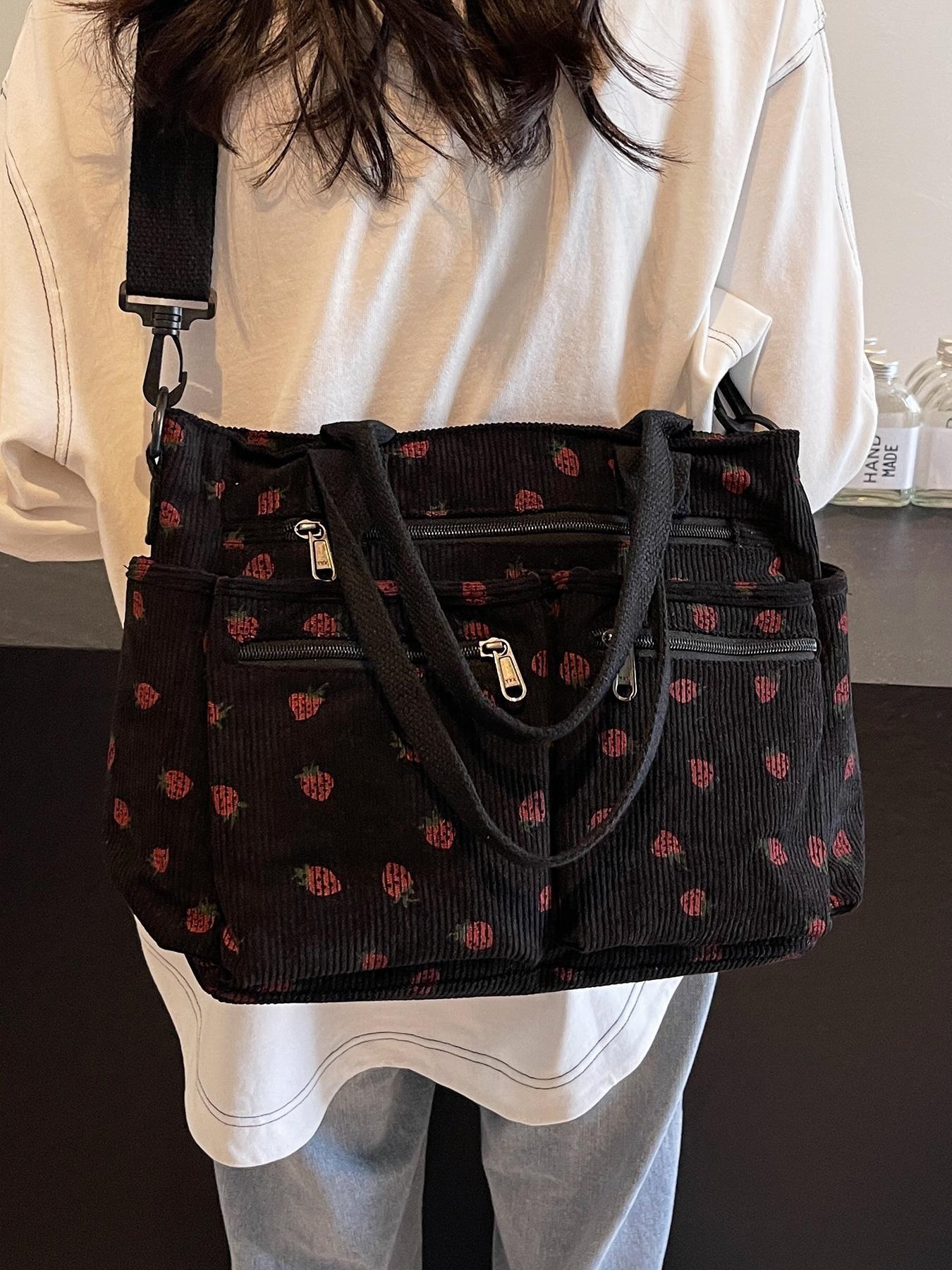 New Strawberry Print Large Capacity Multi-Pocket Tote Bag, Fashion Simple Shoulder Bag, Ideal for Students, Shopping, Commuting, Women's Backpack