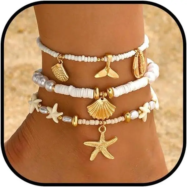 Summer Beach Ankle Bracelet for Women  Boho Beads Starfish Seashell Anklets Adjustable Surfer Preppy Ankles Set Beach  Accessories