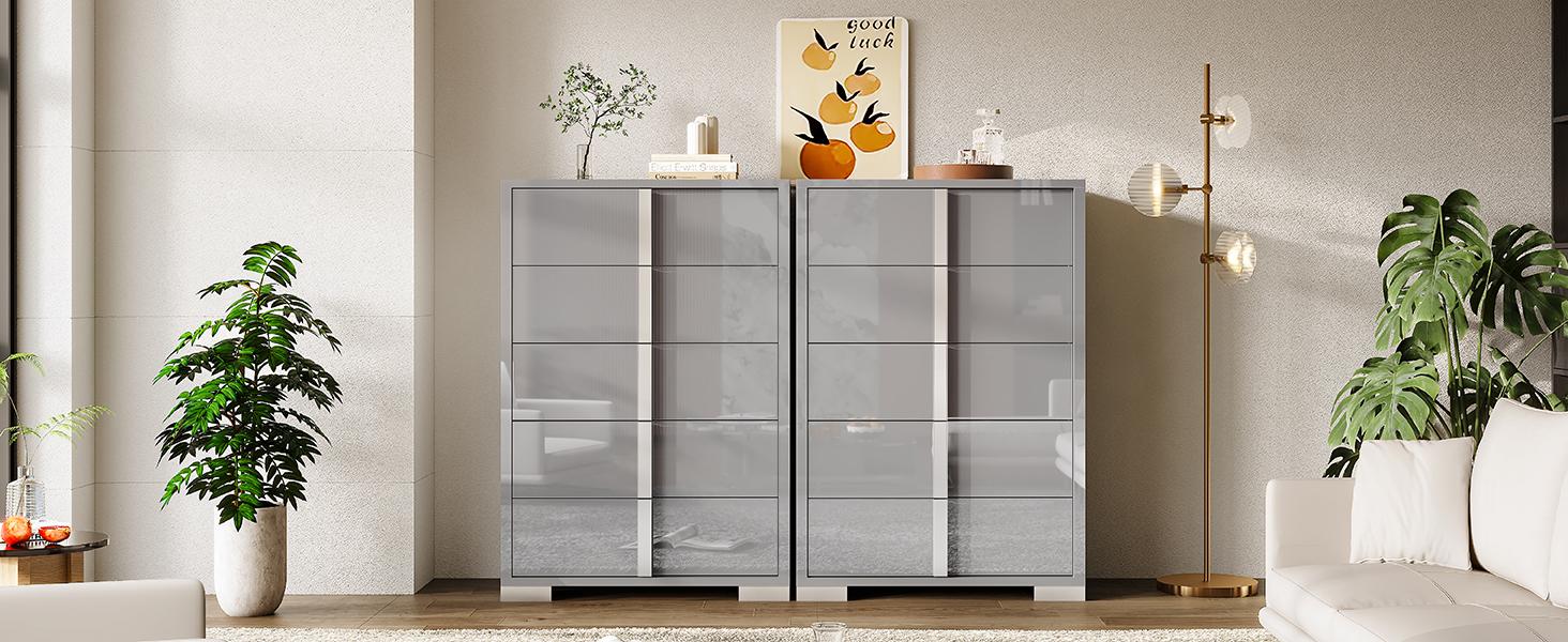 VanAcc Minimal High Gloss 5/6 Drawers Dressers with Silver Grooved Handles, Aesthetic Design, Modern Storage Chest of Drawers with Wide Tabletop, Storage Cabinet for Bedroom, Dressing Room, Living Room