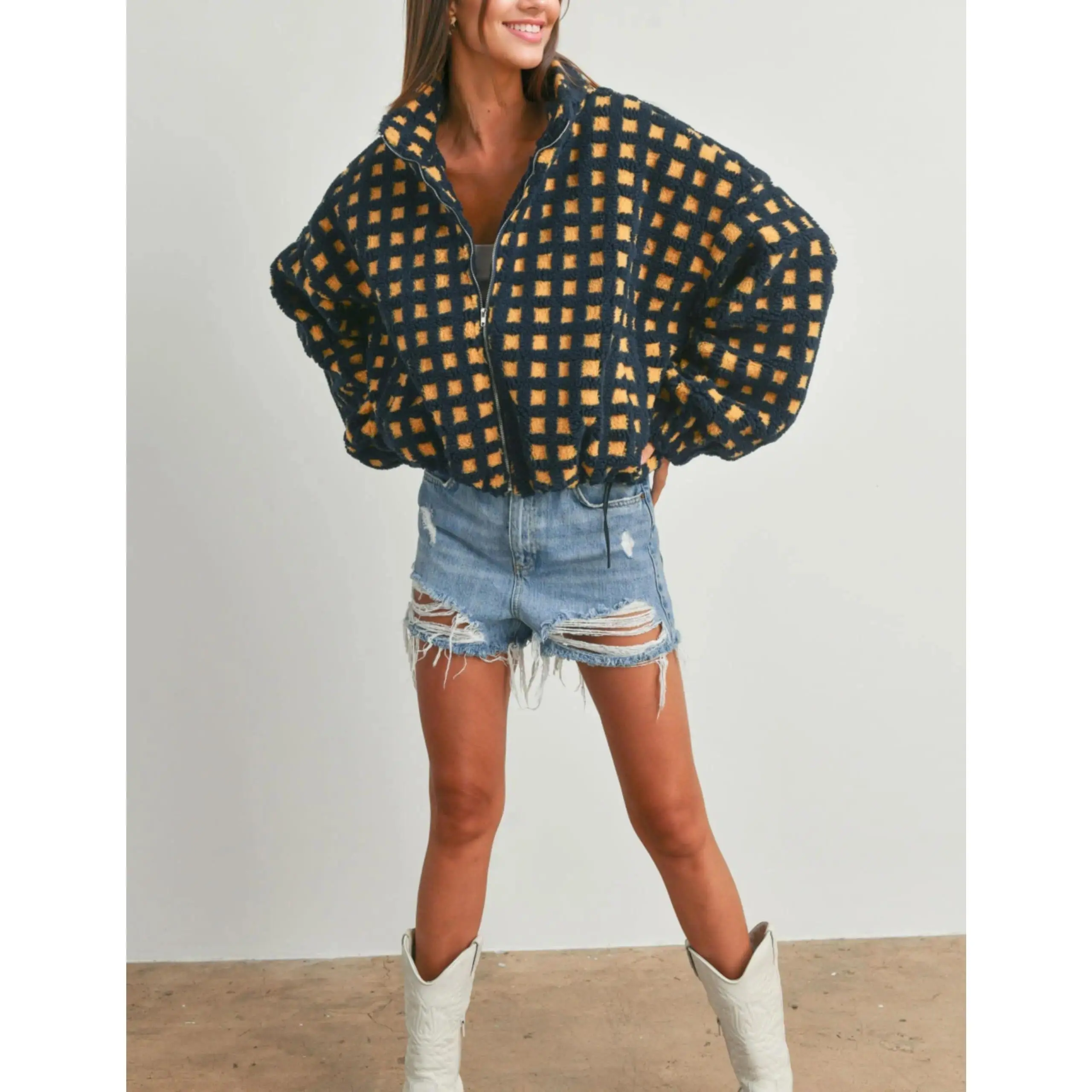 Women's Plaid Sherpa Fleece Zip Up Jacket, Long Sleeve Thick Warm Winter Outerwear Coat