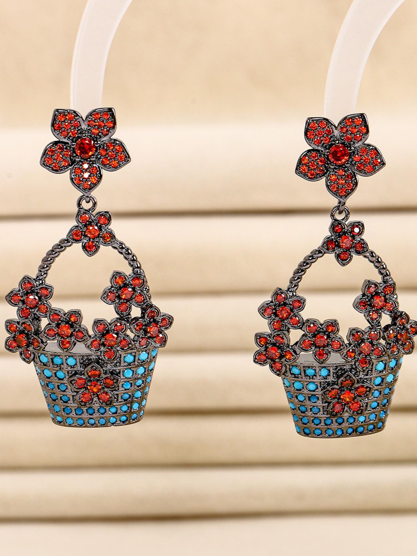 QY Elegant Floral Basket Earrings, Silver Color Dangle Earrings, Large Size with Sparkling Cubic Zircon, Perfect for Formal Events, Women's Jewelry Perfect Gift