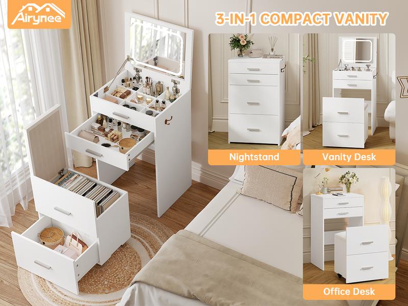 3-in-1 Compact Vanity Desk with 3 Drawers Flip-Up Lighting Mirror & Cushioned Stool Modern White Makeup Table for Bedroom Office Nightstand