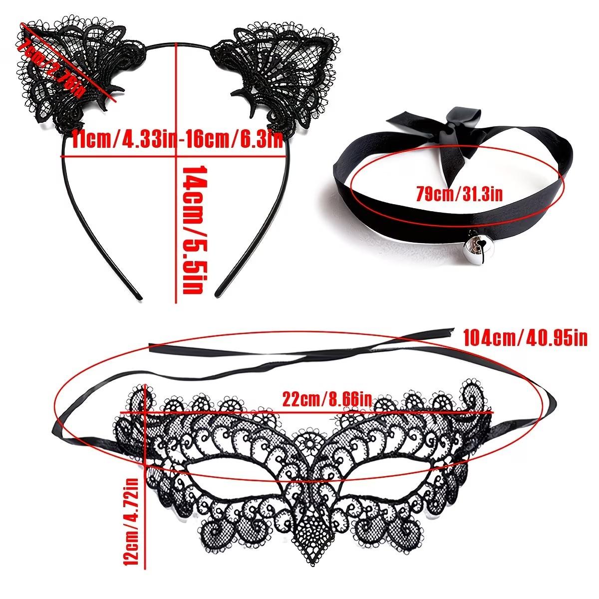 3-Piece Cat Costume Set, Halloween Makeup Party Mask, Adult Lace Ears Necklace and Collar, Women's Cat