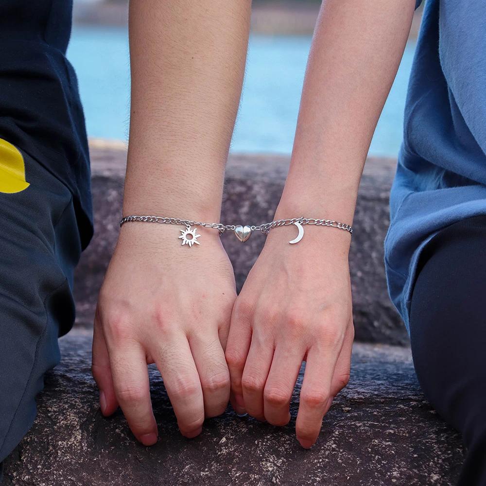 Unisex Charm Bracelets - 2Pcs Stainless Steel Sun Moon Charm Magnetic Link Jewelry, Valentine's Day Gifts, Everyday Use, Wholesale Fashion Accessories for Couples, Unisex Wear