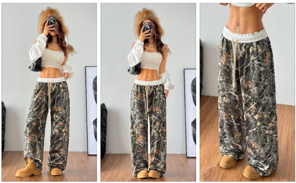 Spring Camo Pants Wide Leg Baggy Sweatpants Elastic Waist Drawstring Loose Pants Trendy Y2K Drawstring Trousers
