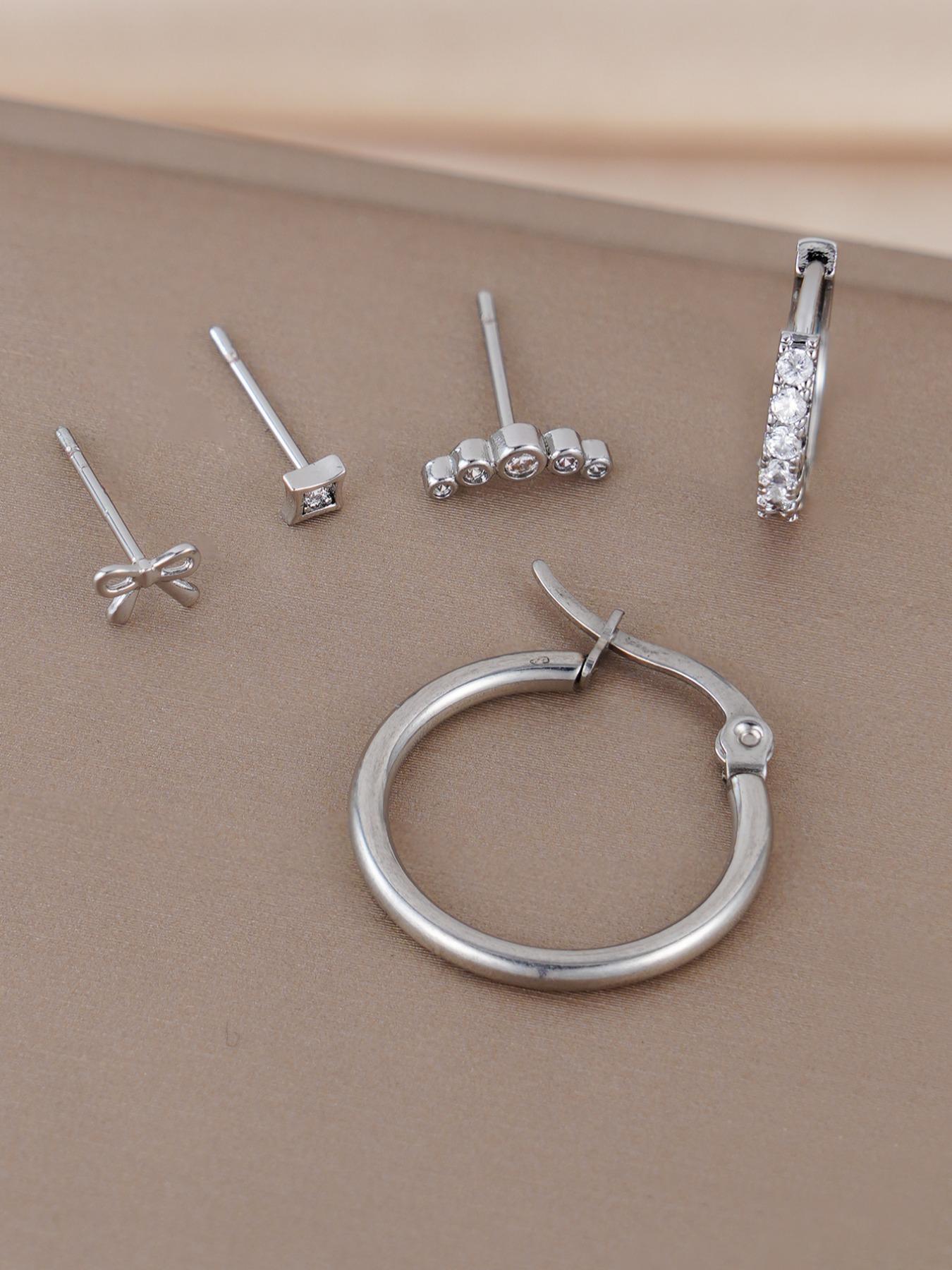 Women's Silver Color Bow Earrings Set, Perfect for Daily Wear & Music Festivals, Stylish Stackable Jewelry Accessories